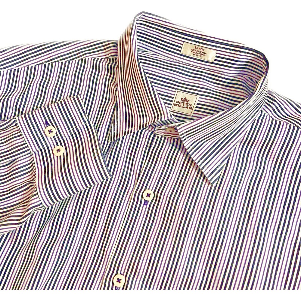Peter Millar Mens Large Long‎ Sleeve Button Up Shirt Striped Pocket 100% Cotton